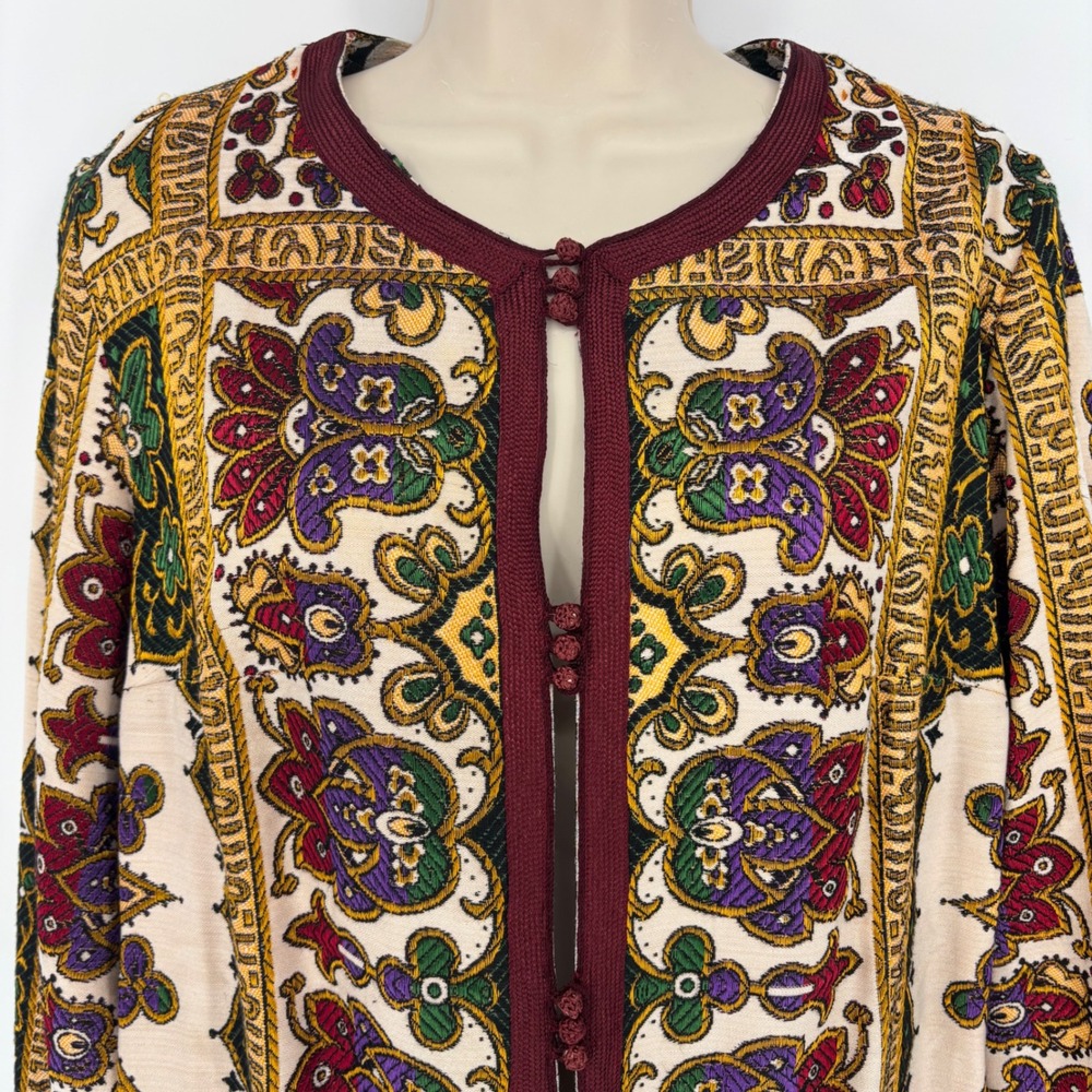 Vintage Tapestry Mandala Jacket Burgundy Boho Woven Frog Button Cardigan Size 46